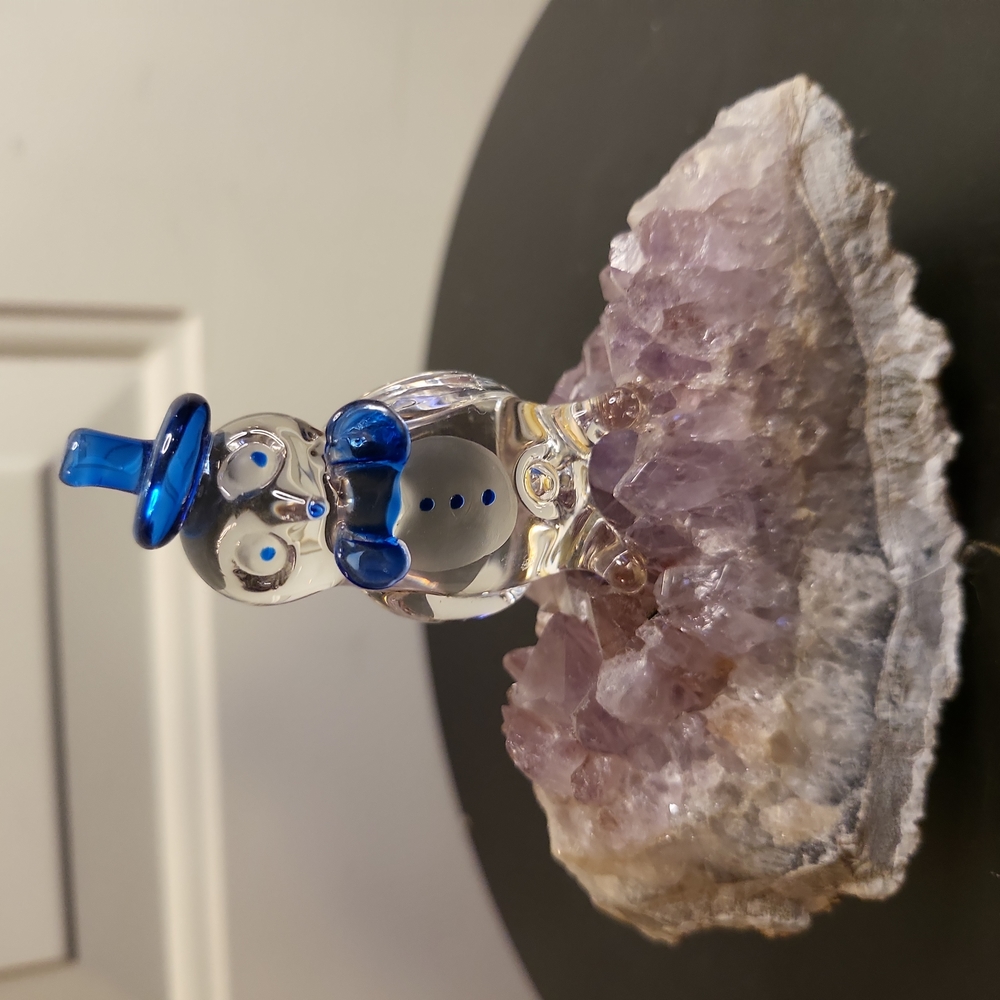 Blown Glass Snowman with Tophat on Amethyst Crystal Wedge 4.25"